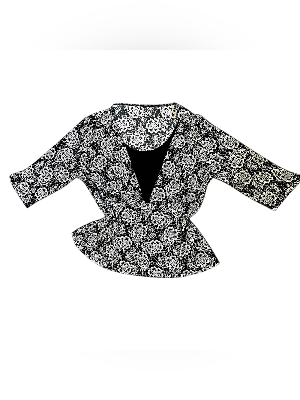 Y2K Black & White Floral Top with V-Neck Detailing